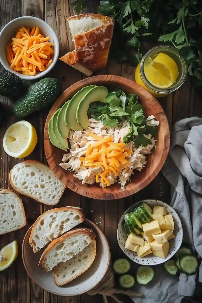 A crispy Chicken Avocado Melt Sandwich Recipe filled with shredded chicken, creamy avocado, and melted cheddar cheese on toasted golden bread. The sandwich is sliced in half and served warm for an easy comforting meal.