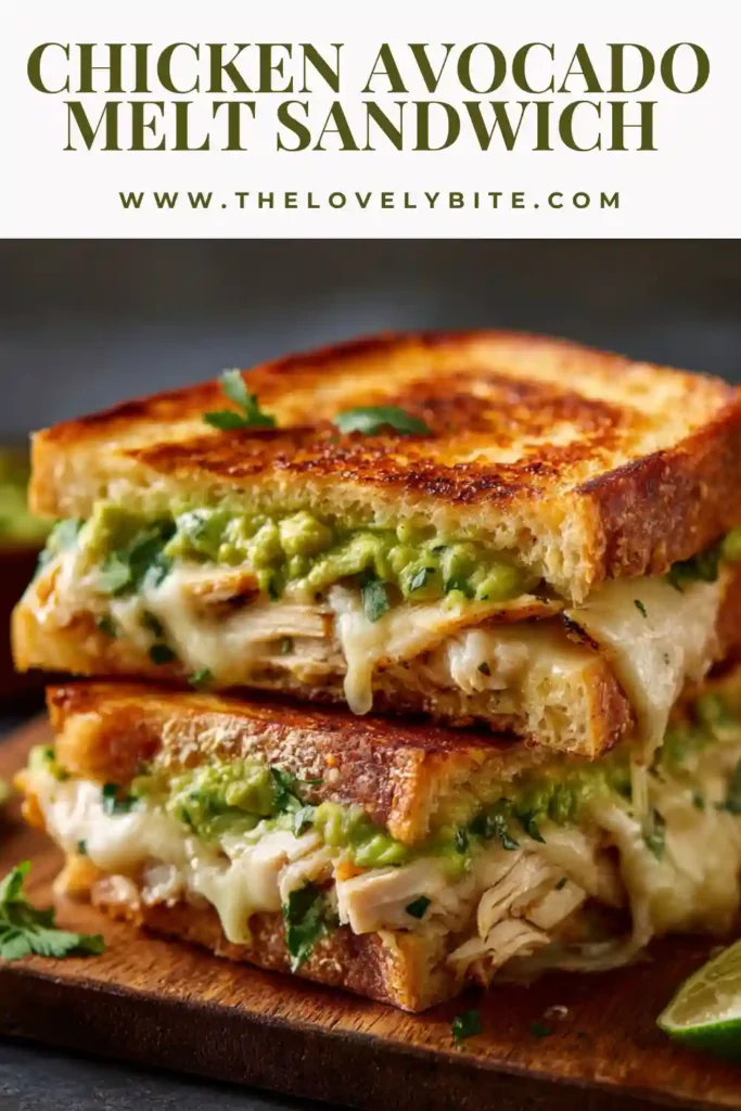 Golden grilled bread surrounds a creamy chicken avocado melt packed with melted cheddar cheese and flavorful shredded chicken. This Chicken Avocado Melt Sandwich Recipe looks rich, crispy, and satisfying.