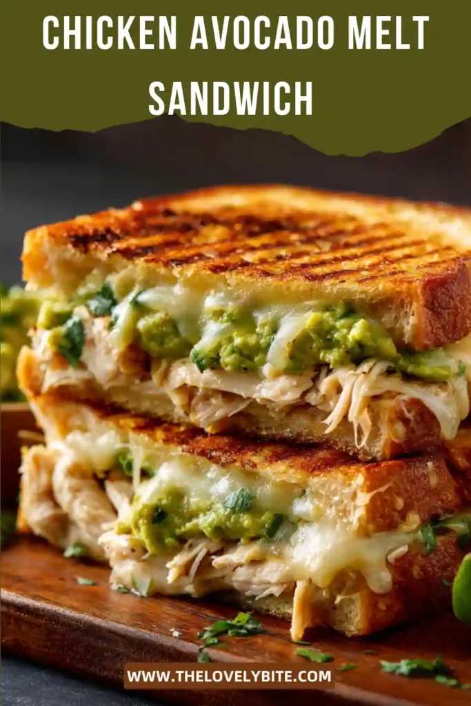 A warm Chicken Avocado Melt Sandwich Recipe served fresh from the skillet with crispy bread, creamy avocado filling, and melted cheese stretching between layers of tender chicken.