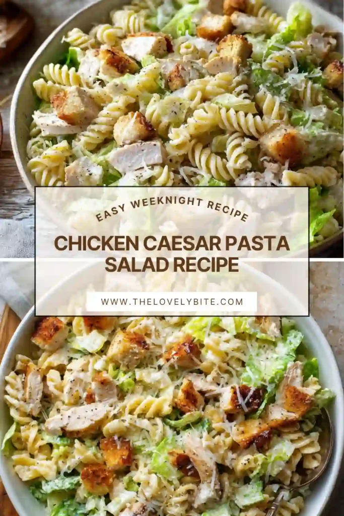 A bowl of Chicken Caesar Pasta Salad made with rotini pasta, romaine lettuce, shredded chicken, creamy Caesar dressing, Parmesan cheese, and crunchy croutons. This easy pasta salad looks fresh, creamy, and perfect for lunch or dinner.
