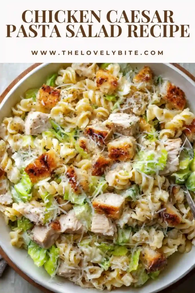 Fresh Chicken Caesar Pasta Salad featuring juicy chicken, pasta, romaine lettuce, and creamy Caesar dressing topped with Parmesan cheese and croutons. A flavorful and easy family-friendly salad recipe.