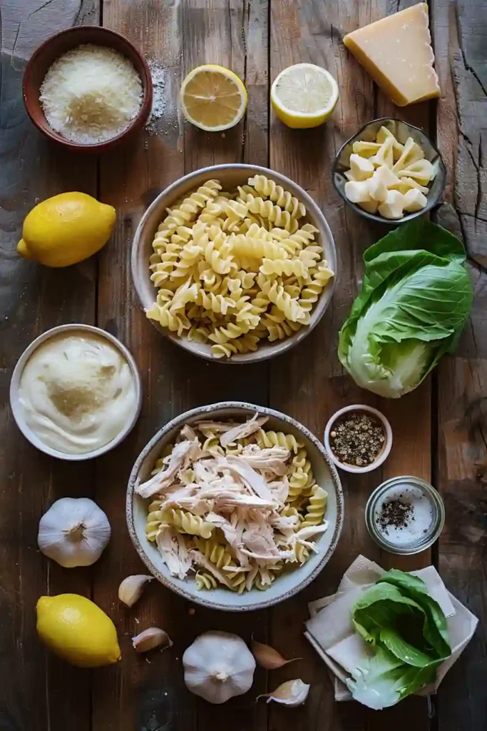 Close-up of Chicken Caesar Pasta Salad tossed with creamy dressing, shredded chicken, crunchy romaine, and rotini pasta. This hearty Caesar pasta salad is ideal for meal prep and gatherings.