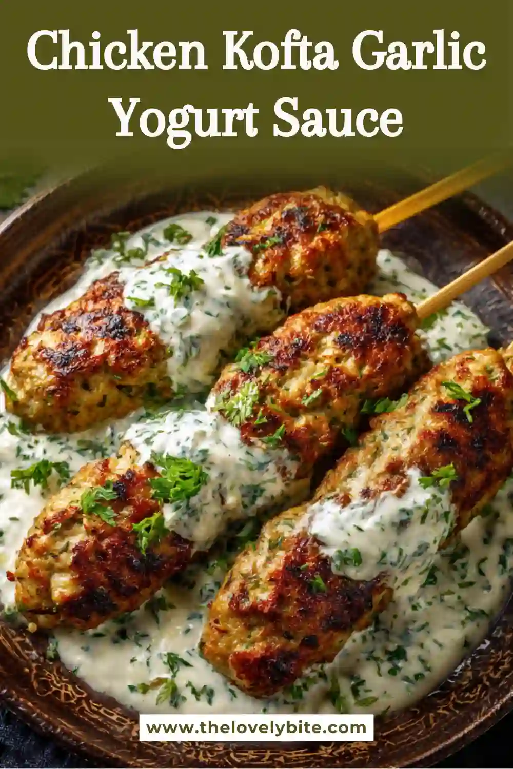 Grilled Chicken Kofta Garlic Yogurt Sauce served on a platter with creamy yogurt dip and fresh parsley. The juicy chicken kofta is lightly charred and packed with Middle Eastern spices.