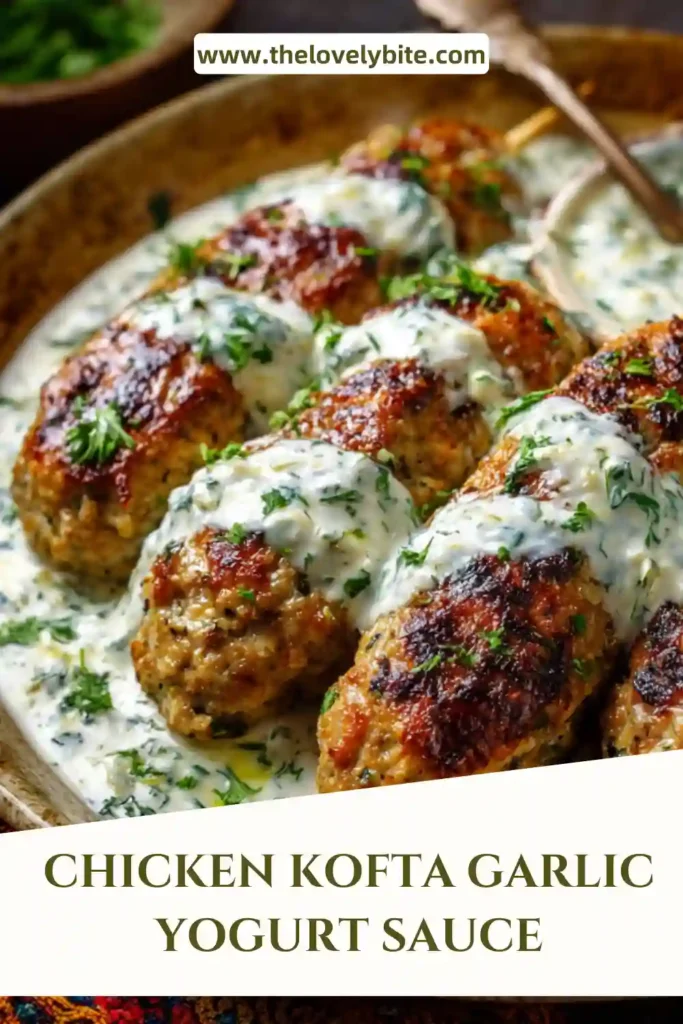 Close-up of Chicken Kofta Garlic Yogurt Sauce with tender grilled chicken kofta and smooth garlic yogurt sauce. This easy halal-friendly recipe is flavorful and perfect for dinner.