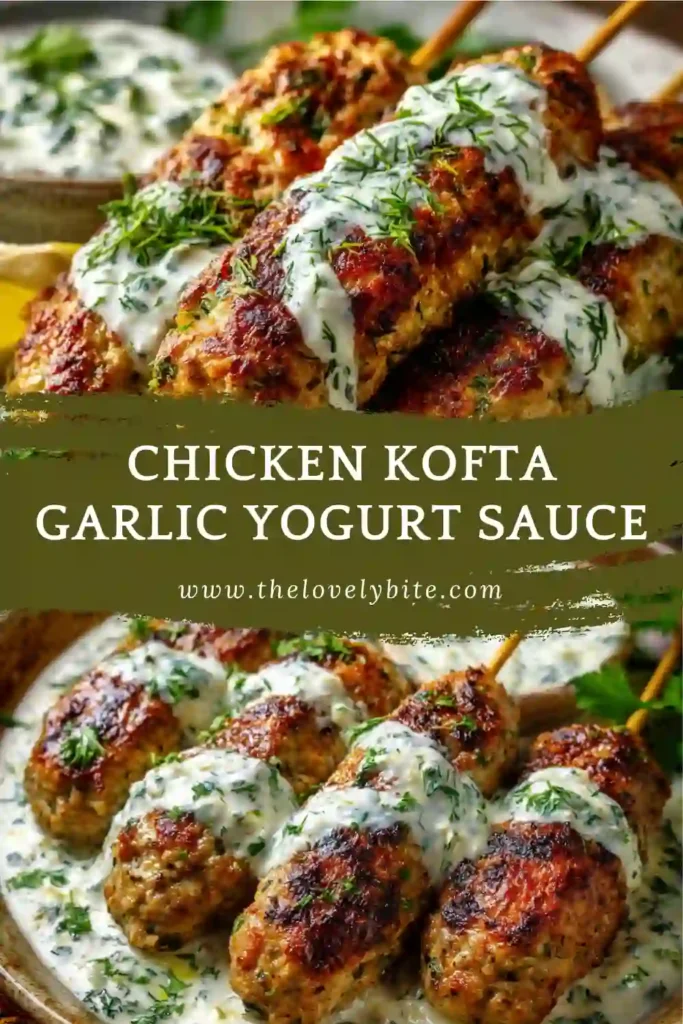 Freshly grilled chicken kofta served with garlic yogurt sauce, lemon wedges, and herbs. The kofta is golden brown and rich with cumin and coriander flavor.