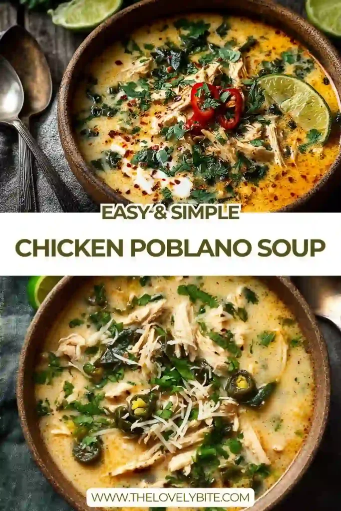 Creamy chicken poblano soup served warm in a rustic bowl with cilantro garnish. This comforting Mexican-inspired soup features shredded chicken, corn, black beans, and melted cheese.