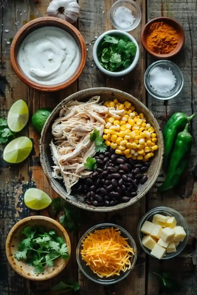 A bowl of creamy Chicken Poblano Soup topped with fresh cilantro and shredded cheese. The soup is filled with tender shredded chicken, black beans, sweet corn, and smoky poblano peppers.