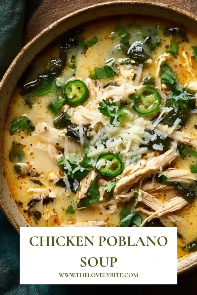 Close-up of homemade Chicken Poblano Soup with creamy broth, shredded chicken, poblano peppers, and black beans. A cozy 30 minute dinner recipe perfect for chilly nights.