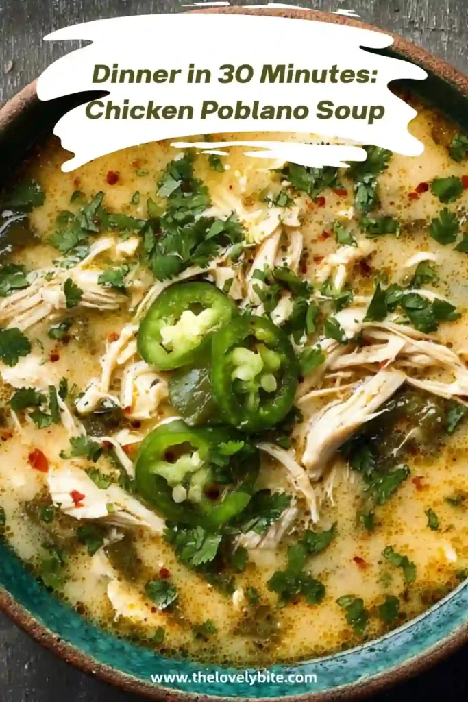 Hearty Chicken Poblano Soup made with rotisserie chicken, poblano peppers, corn, and cheese. This easy soup recipe is rich, creamy, and full of comforting flavor.