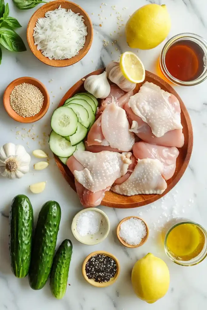 Chicken Rice Meal Prep bowls filled with sliced lemon garlic chicken, fluffy sesame rice, and fresh cucumber slices in meal prep containers. This healthy high protein lunch recipe is fresh, colorful, and easy to prepare.
