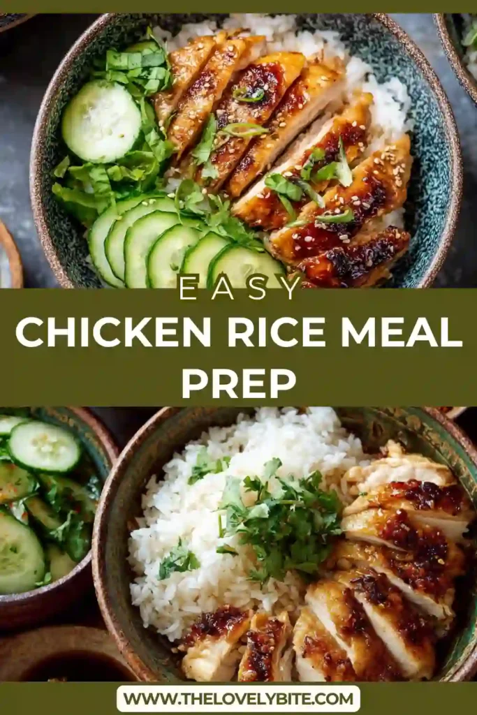 Healthy Chicken Rice Meal Prep with juicy chicken thighs served over jasmine rice and topped with sesame seeds and cucumbers. A simple and flavorful meal prep recipe for busy weekdays.