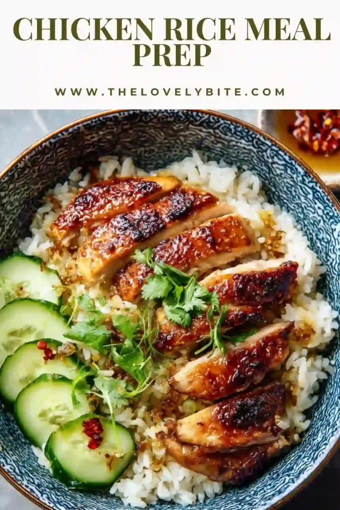 Meal prep containers with sesame rice, sliced chicken thighs, and crisp cucumber garnished with herbs and lemon wedges. This Chicken Rice Meal Prep recipe is perfect for make-ahead lunches.