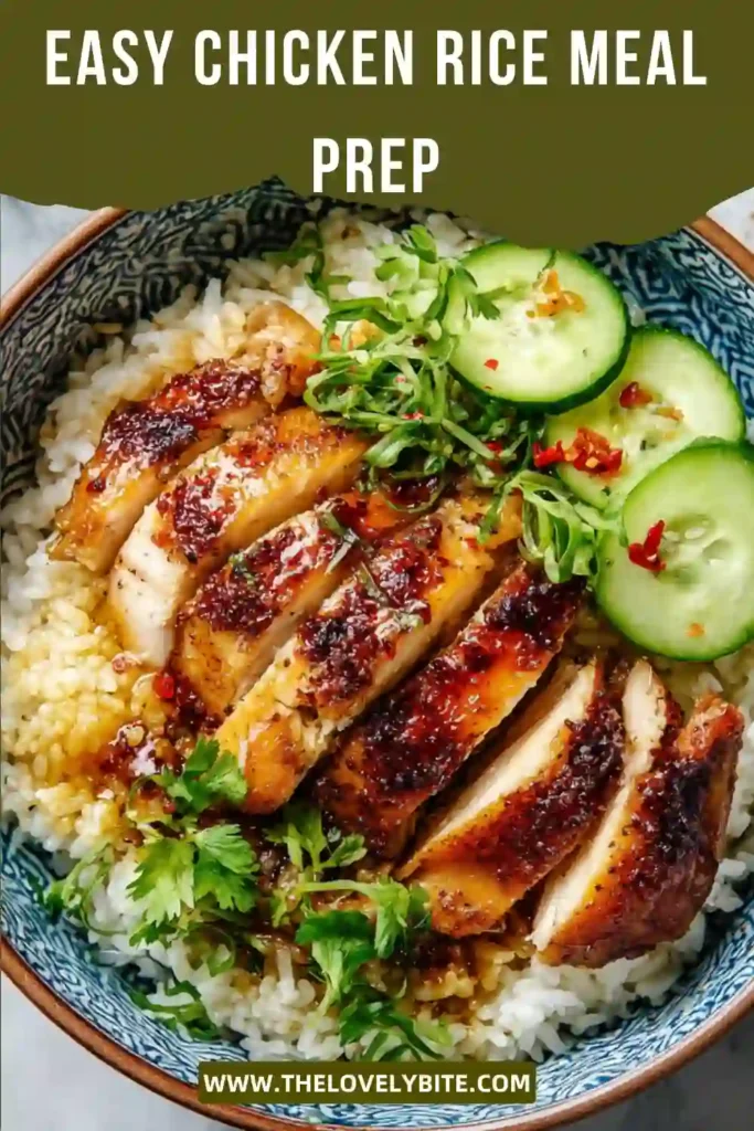 Easy Chicken Rice Meal Prep featuring lemon garlic chicken, fluffy rice, and crunchy cucumber slices. A balanced and healthy meal prep bowl packed with flavor.