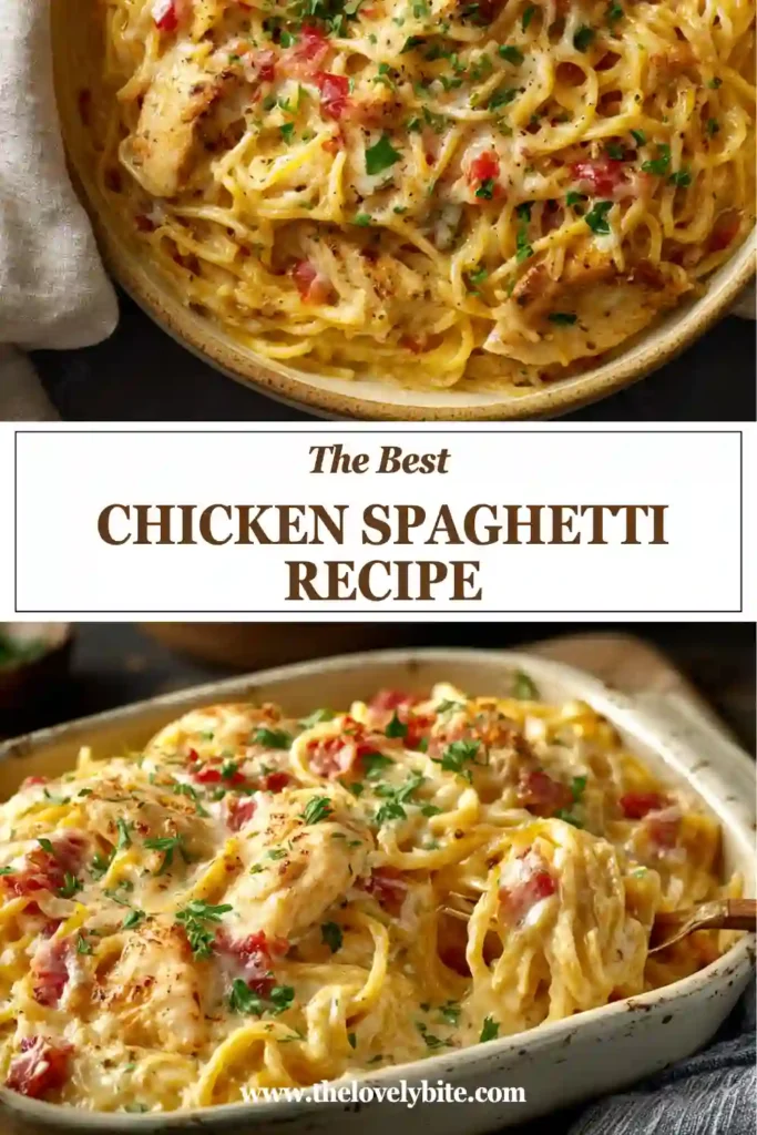 A hearty Chicken Spaghetti casserole with creamy sauce, juicy chicken, and spaghetti baked until hot and bubbly. This comforting pasta bake is ideal for weeknight dinners.