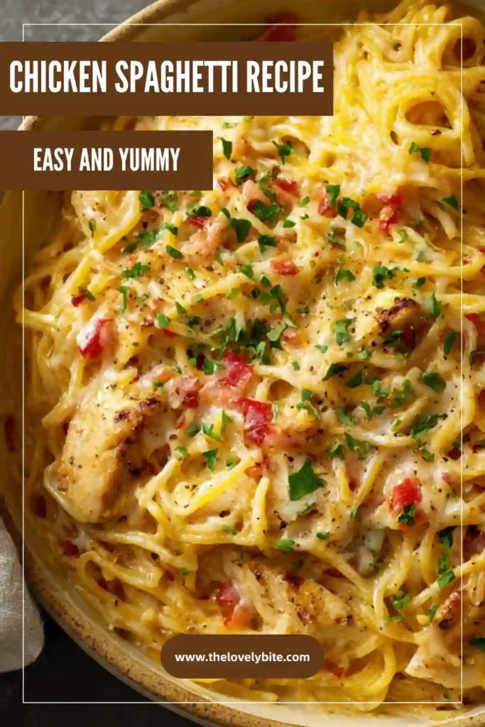 A creamy Chicken Spaghetti casserole baked with cheddar and mozzarella cheese until golden and bubbly. Tender chicken pieces and spaghetti are coated in a rich homemade cream sauce.