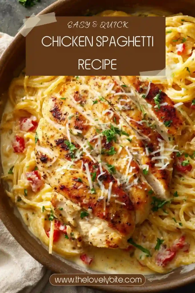 This Chicken Spaghetti recipe features tender chicken, creamy pasta, and melted cheese baked in a comforting casserole dish. Perfect for easy family dinners and meal prep.