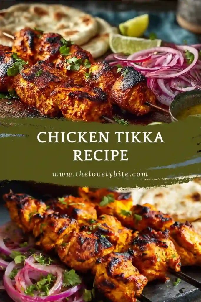 Juicy chicken tikka served with cooling raita and warm flatbreads on a dinner plate. The grilled chicken is marinated in yogurt, lemon juice, and aromatic spices.