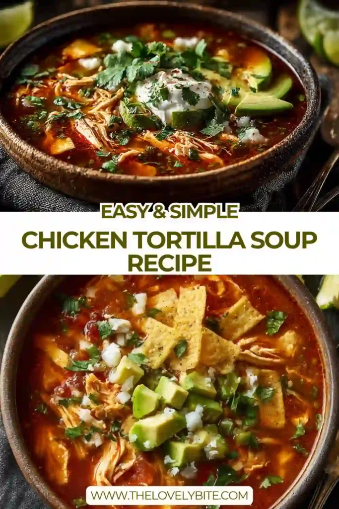 This Chicken Tortilla Soup Recipe features tender rotisserie chicken in a rich fire-roasted tomato broth with black beans and corn. Garnished with avocado, jalapeños, and crispy tortilla strips for extra flavor and texture.