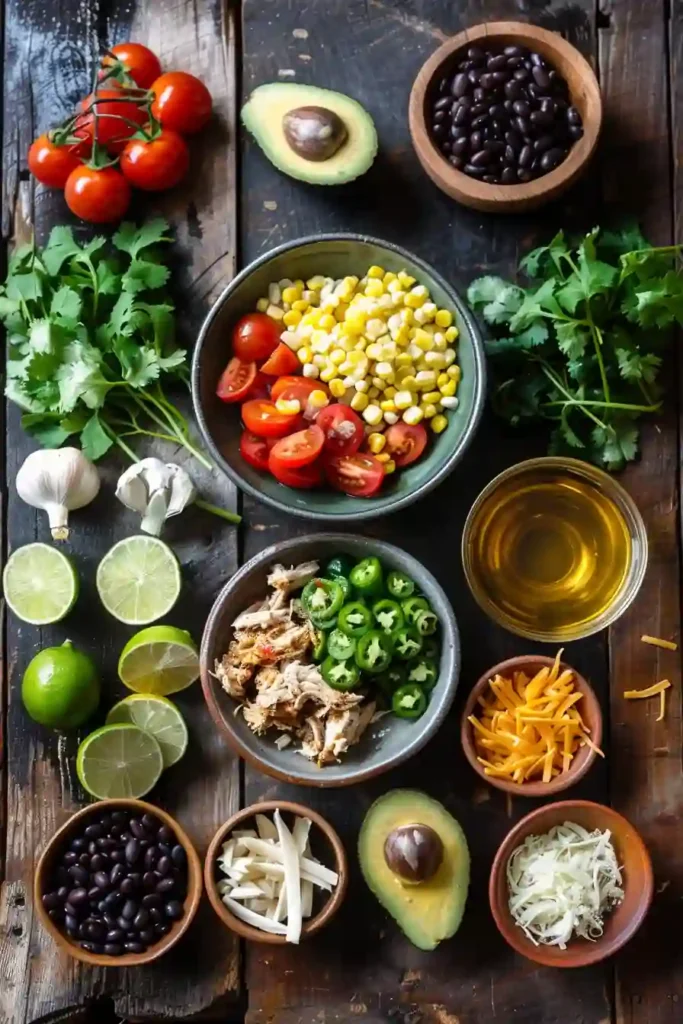 A bowl of Chicken Tortilla Soup Recipe topped with crispy tortilla strips, avocado, shredded cheese, and fresh cilantro. The smoky tomato broth is filled with shredded chicken, black beans, and sweet corn.