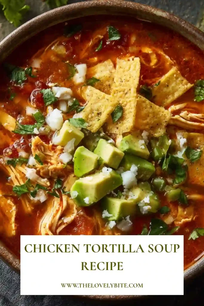 Hearty Chicken Tortilla Soup Recipe served warm with melted cheese, cilantro, lime wedges, and crunchy tortilla strips. A comforting Mexican-inspired soup perfect for dinner.