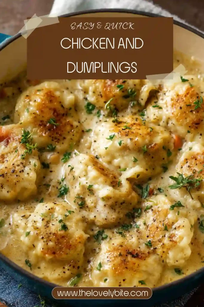 Homemade Chicken and Dumplings served in a rustic bowl with creamy broth and soft dumplings. The dish features juicy chicken pieces and colorful vegetables.