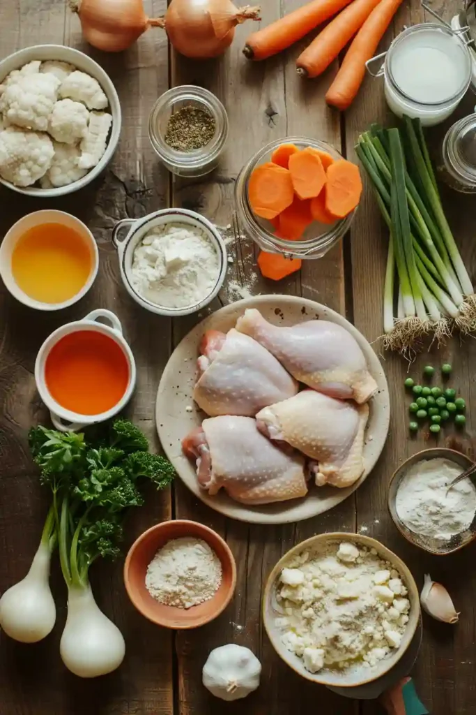 A bowl of creamy Chicken and Dumplings filled with tender chicken, carrots, celery, peas, and fluffy homemade dumplings in a rich broth. This comforting dinner recipe is warm and hearty.