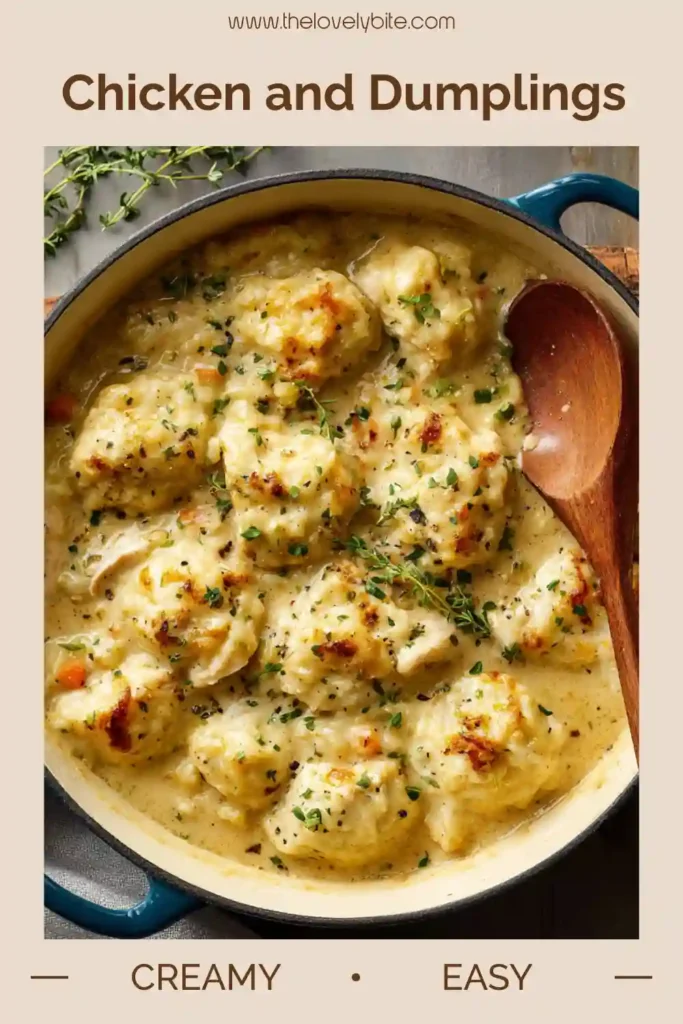 Close-up view of Chicken and Dumplings with fluffy dumplings floating in creamy chicken soup. Fresh parsley adds color and freshness to this comforting meal.