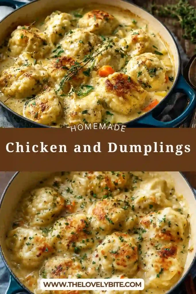 Creamy Chicken and Dumplings made with homemade dumplings, shredded chicken, and vegetables simmered in rich seasoned broth for a cozy family dinner.