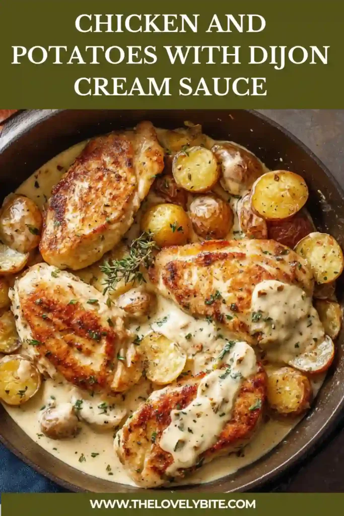 Creamy chicken and potatoes served in a cast iron skillet with rich Dijon mustard sauce and fresh parsley garnish. This comforting one pan dinner looks warm and hearty.