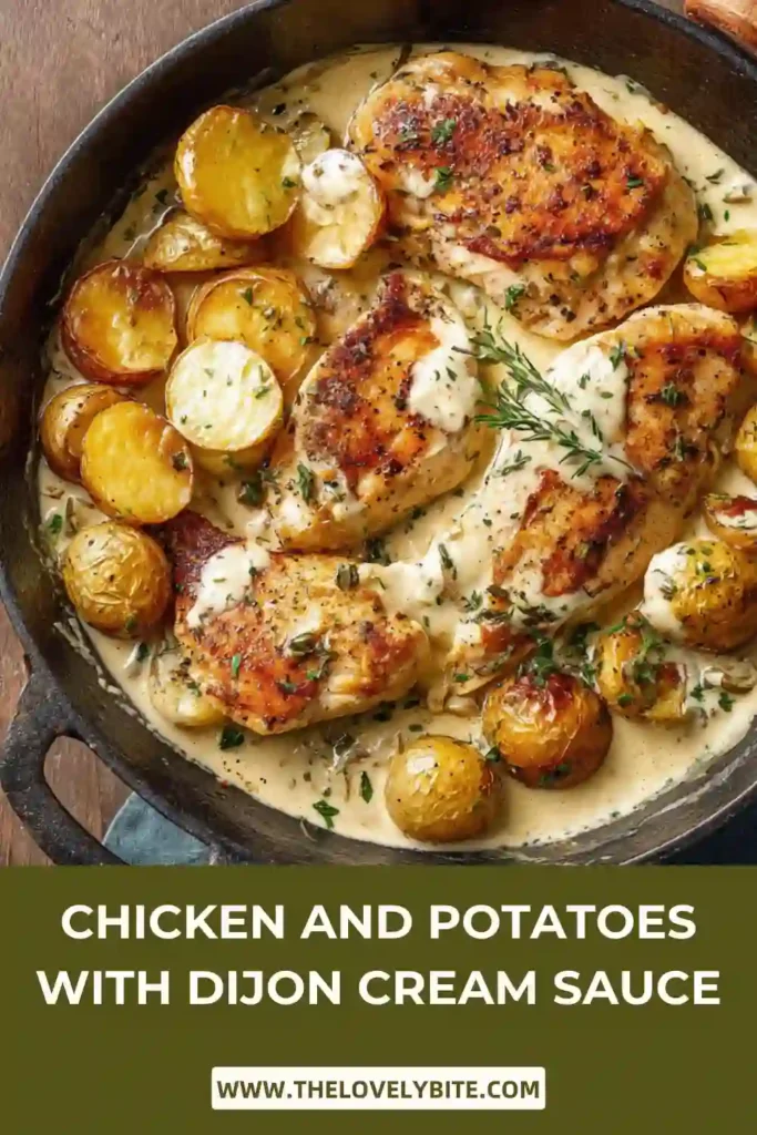 Juicy chicken breasts and roasted baby potatoes baked in a creamy Dijon sauce. The golden potatoes and velvety cream sauce create an elegant dinner presentation.