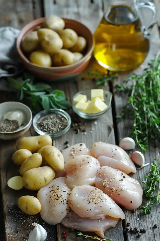 A skillet filled with chicken and potatoes with Dijon cream sauce topped with cracked black pepper and fresh herbs. The creamy sauce coats the tender chicken and golden potatoes beautifully.