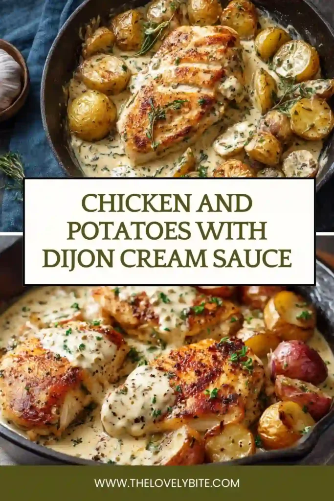 One pan chicken and potatoes with creamy Dijon mustard sauce freshly baked until golden and tender. A cozy family dinner recipe with rich savory flavor.