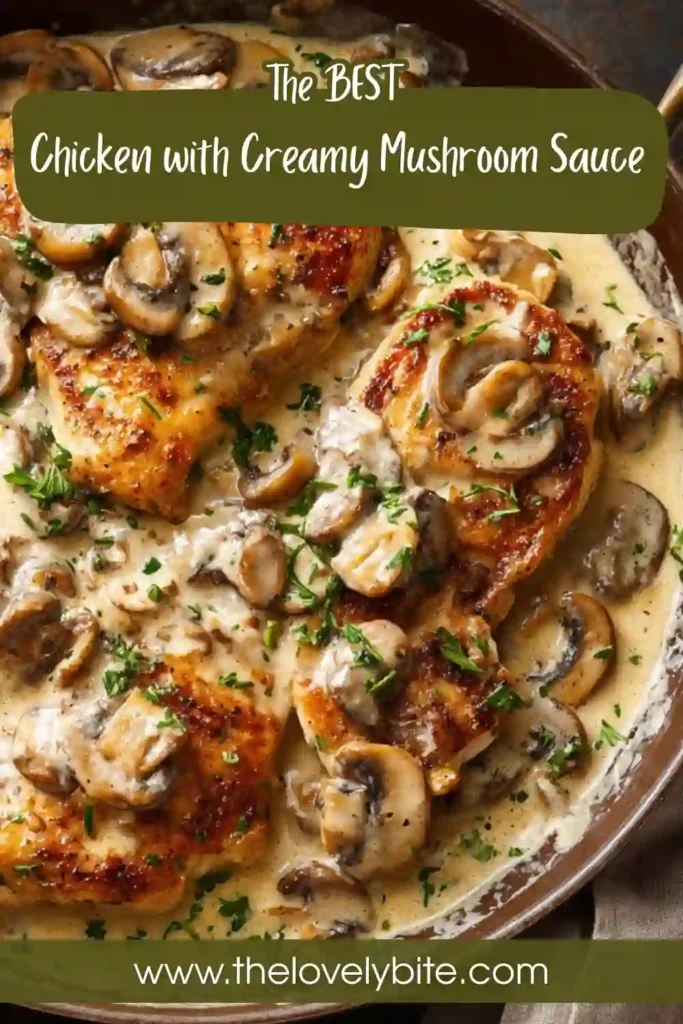 Golden pan-seared chicken breasts served with creamy mushroom sauce in a skillet. This Chicken with Creamy Mushroom Sauce features garlic parmesan cream sauce and tender sautéed mushrooms.