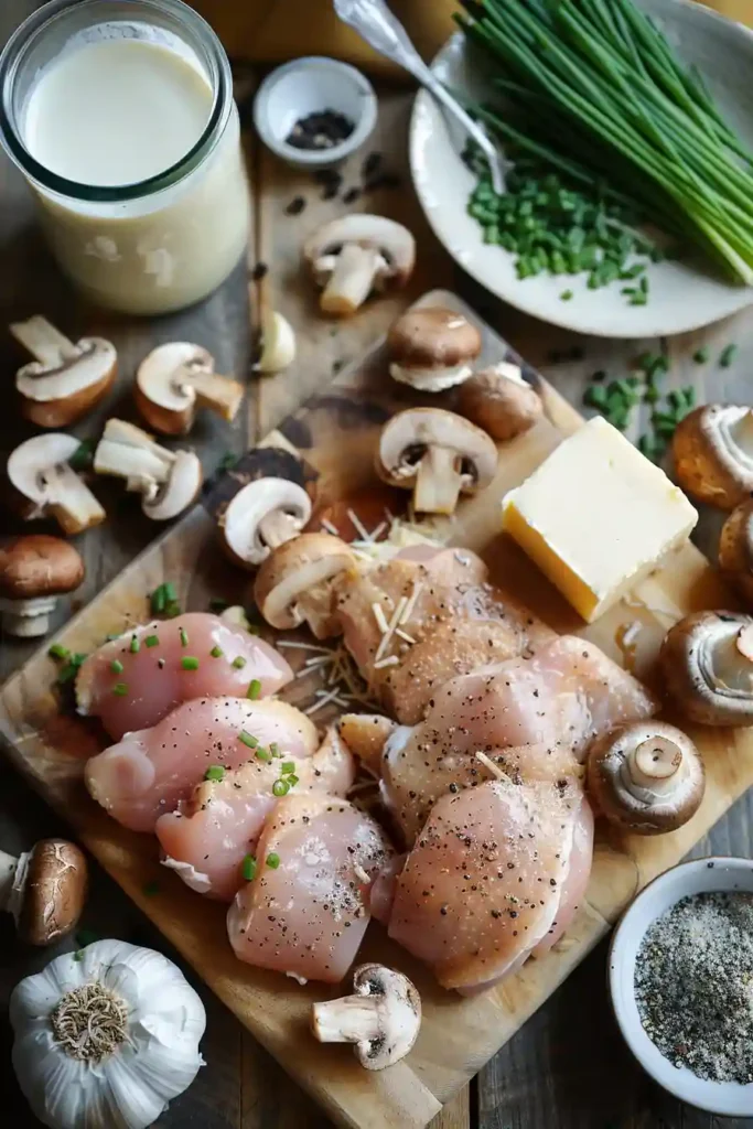 Skillet chicken in creamy parmesan mushroom sauce garnished with chives. This easy chicken dinner recipe is rich, savory, and family-friendly.