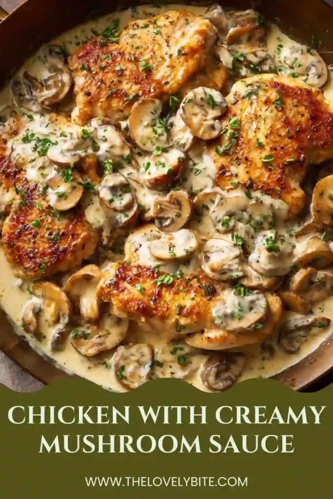 Close-up of Chicken with Creamy Mushroom Sauce topped with fresh herbs. The creamy garlic mushroom sauce coats tender chicken cutlets perfectly.