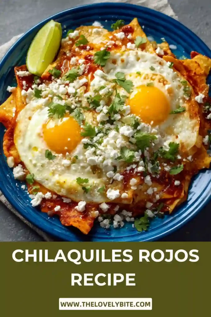 Authentic Chilaquiles Rojos served with creamy avocado, crumbled queso fresco, and a runny fried egg. This flavorful Mexican breakfast recipe features crispy tortillas simmered in red chile sauce.