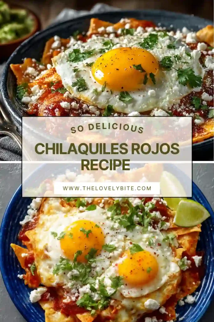 Traditional Mexican Chilaquiles Rojos in a rustic plate with fresh toppings and smoky red salsa. The dish includes crispy tortilla chips, crema, avocado, and fried eggs.