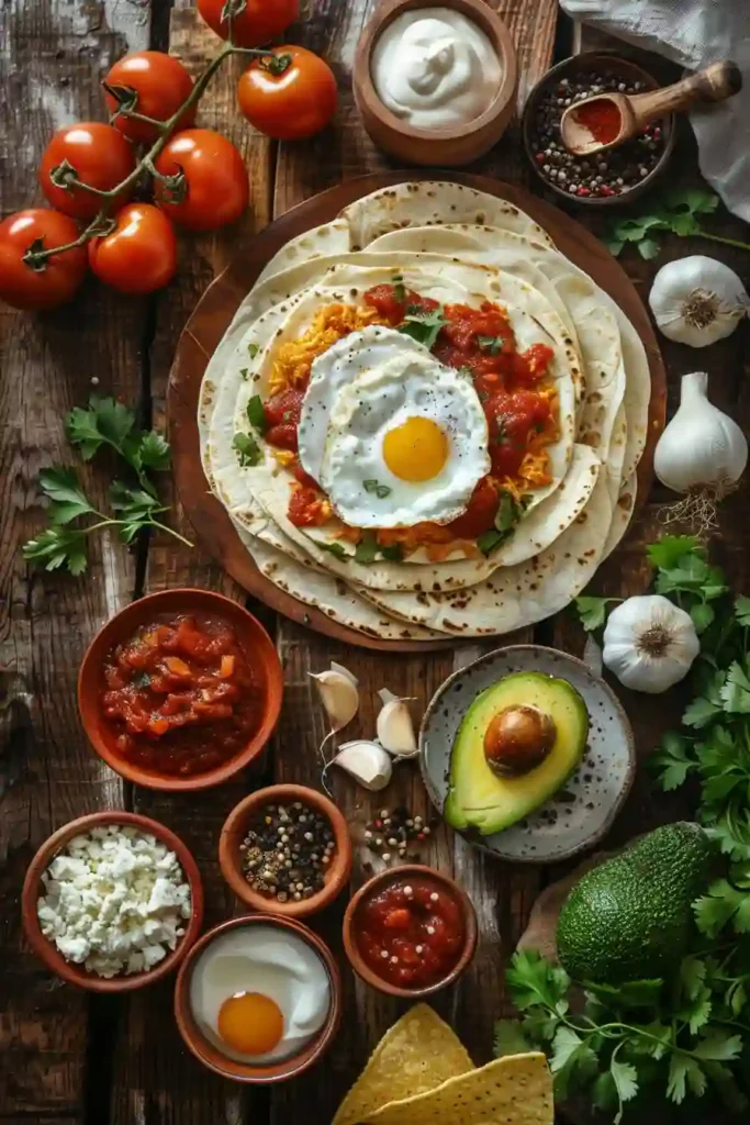 A plate of Chilaquiles Rojos topped with fried eggs, avocado slices, queso fresco, and Mexican crema. The crispy tortilla chips are coated in rich homemade salsa roja for a traditional Mexican breakfast.