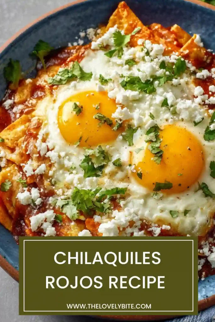 Homemade Chilaquiles Rojos topped with queso fresco and avocado slices. Crispy tortillas are coated in savory salsa roja for a comforting Mexican brunch recipe.