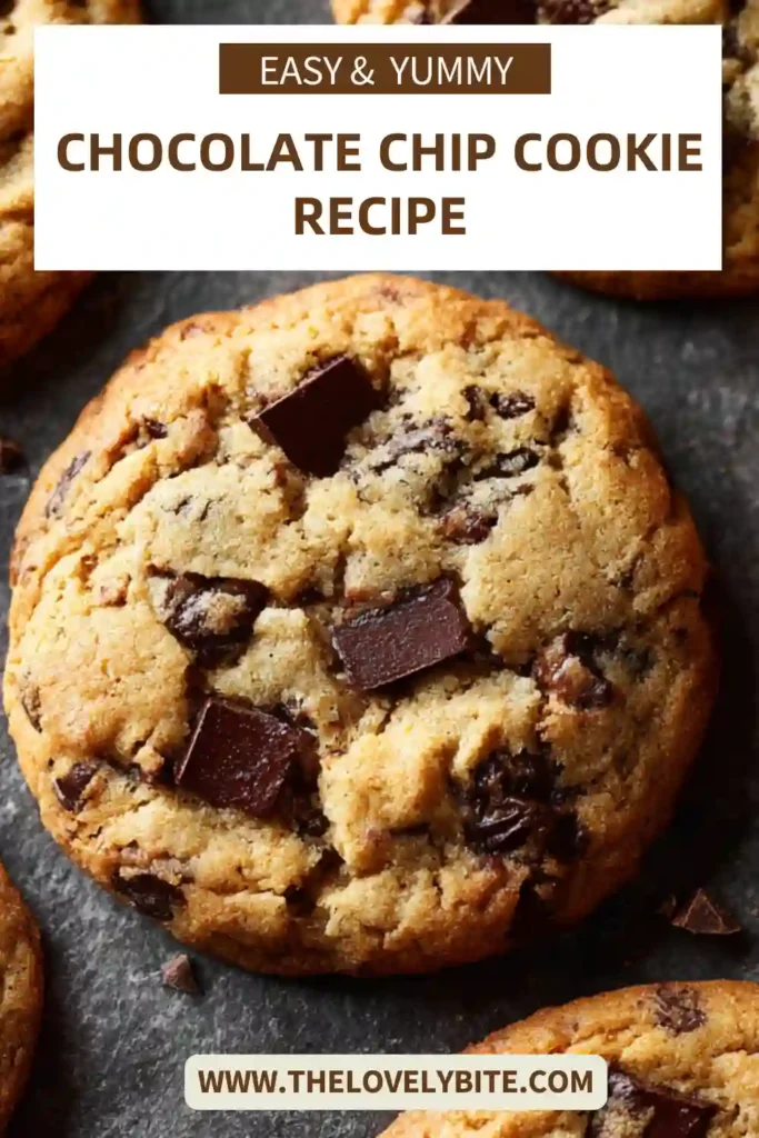 Close-up of chewy chocolate chip cookies fresh from the oven with rich chocolate chips and golden brown texture. This easy Chocolate Chip Cookie Recipe is perfect for family baking.