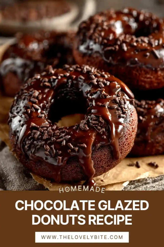 Freshly baked Chocolate Glazed Donuts arranged on a cooling rack with glossy chocolate icing and colorful sprinkles. These homemade baked chocolate donuts have a rich cocoa flavor and soft texture.