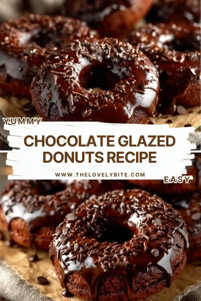Close-up of soft Chocolate Glazed Donuts dipped in smooth cocoa glaze and topped with chocolate sprinkles. The baked donuts look moist, fluffy, and bakery-style.