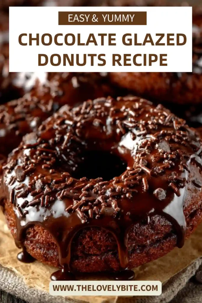 Homemade Chocolate Glazed Donuts served on a dessert tray with shiny chocolate icing. These baked chocolate donuts are easy to make and perfect for dessert or brunch.