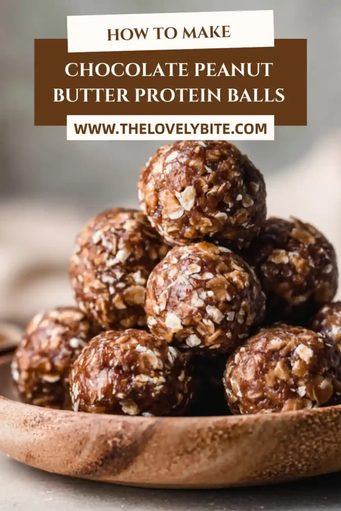 A plate of Chocolate Peanut Butter Protein Balls made with oats, peanut butter, chocolate chips, and chocolate protein powder. These no-bake protein bites are healthy, chewy, and perfect for snacking.