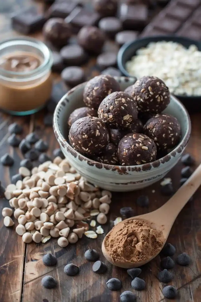 Chocolate Peanut Butter Protein Balls served in a bowl with peanut butter and oats nearby. The high protein snack has a soft texture and rich chocolate taste.