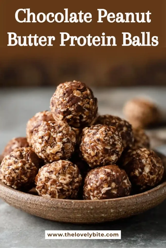 Close-up of homemade Chocolate Peanut Butter Protein Balls arranged on a white plate. The healthy protein snack is packed with oats and rich chocolate flavor.