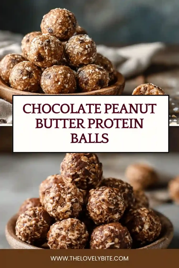 Healthy Chocolate Peanut Butter Protein Balls with mini chocolate chips and rolled oats. These easy no-bake energy bites are ideal for meal prep and post-workout snacks.
