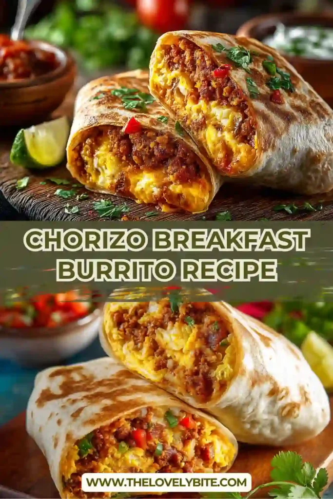 Golden brown Chorizo Breakfast Burrito stuffed with scrambled eggs, beef chorizo, cheddar cheese, and sautéed vegetables. A warm and comforting Mexican-inspired breakfast idea.