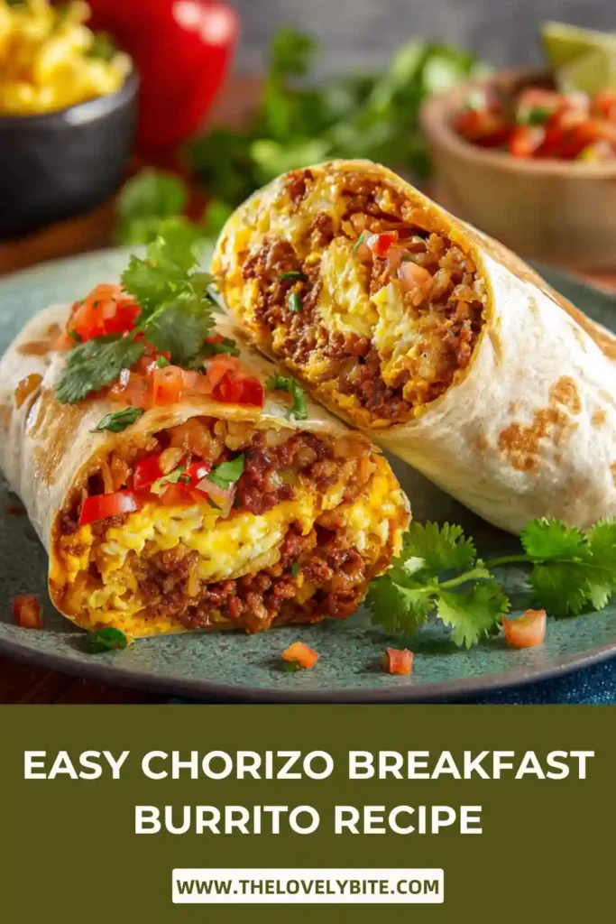 Freshly made Chorizo Breakfast Burritos served with salsa, sour cream, and lime wedges on a breakfast table. The crispy tortilla and cheesy filling create a flavorful and satisfying breakfast recipe.