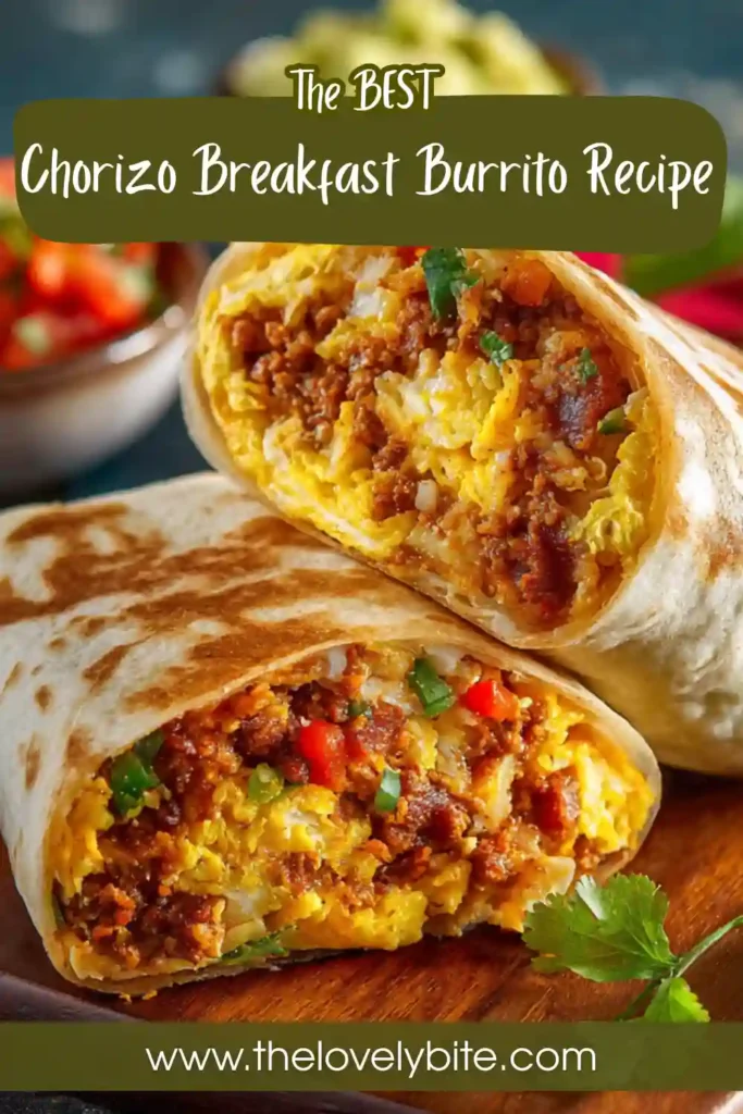 Close-up of a homemade Chorizo Breakfast Burrito cut in half to reveal savory beef chorizo, eggs, peppers, and melted cheese inside a warm toasted tortilla. This hearty breakfast burrito is perfect for brunch or meal prep.